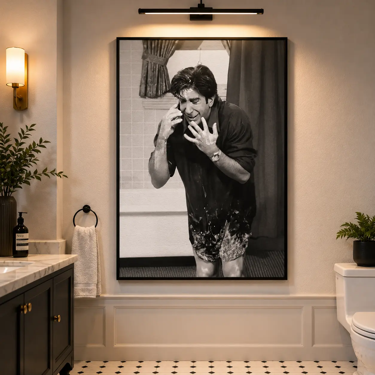 Funny Bathroom Wall Art Friends TV Show Comedy Print for Restroom Decor, Ross Geller Humorous Black White Wall Art Men Toilet Room, Classic Sitcom Themed Decor, Ideal For Guest Bathroom Casual Leisure Space Ornament