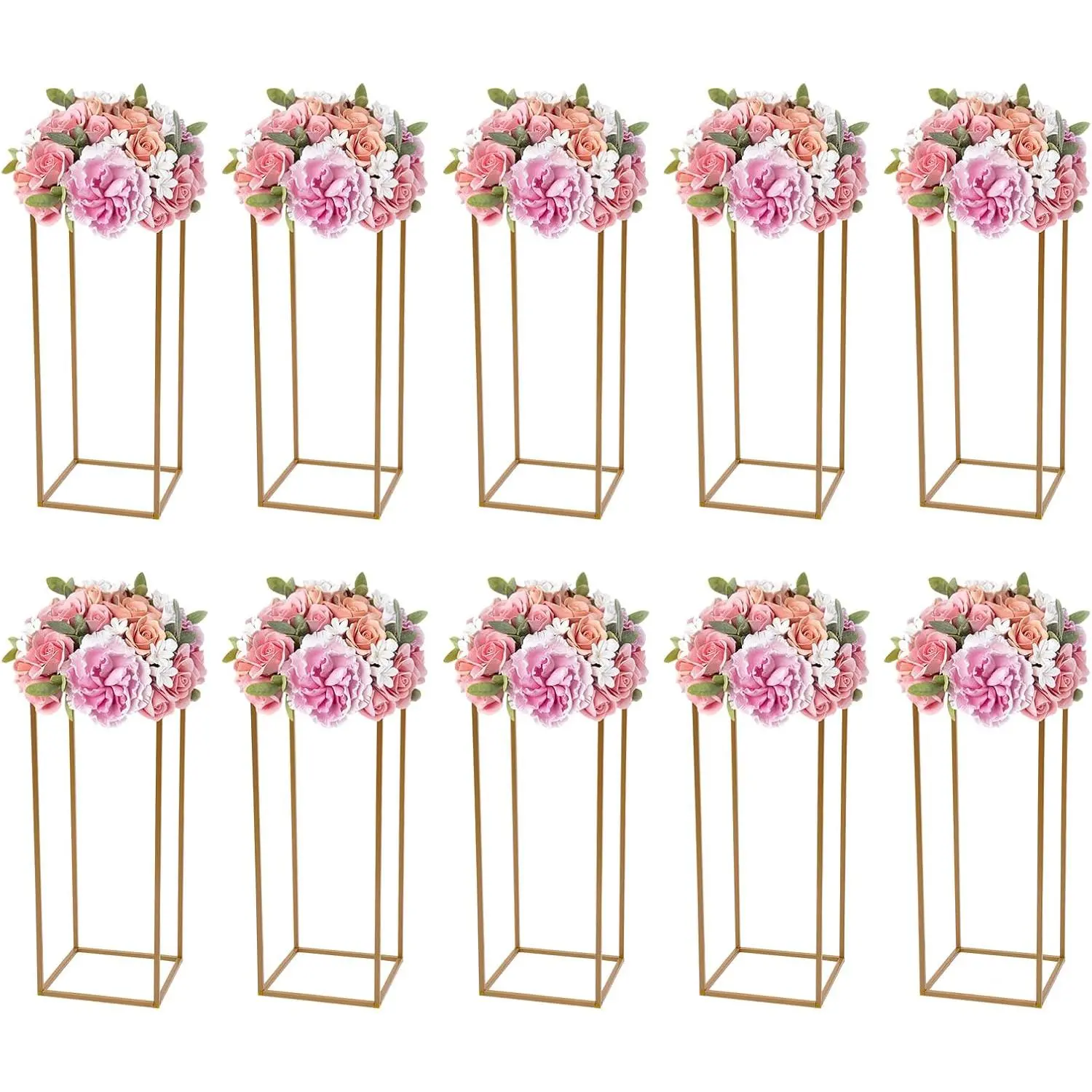 10Pcs Wedding Flower Centerpiece,Centerpieces for Table Wedding,Flower Stand for Wedding,Gold Vase Metal Column Stand,Rectangular Geometric Flower Rack for Party Decoration (23.62Inch Gold)