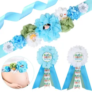 1Set Farm Animal Baby Shower Maternity Sash Kit  Blue Baby Shower Belly Belt and Mom To Be  Dad To Be Corsage Pins New Parents Pregnancy Photo Props Party Supplies