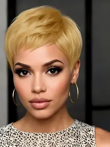 150% Denisty pixie cut human hair wigs for women daily party cosplay use wig machine made short burgundy  natural black color straight layered pixie wig