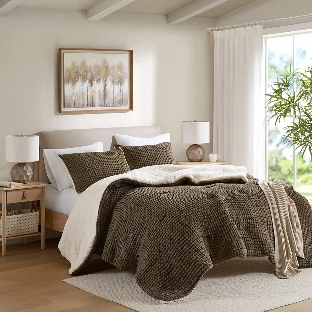 360 Stand Riordan Waffle Knit Chenille Comforter Set - Full & Queen Size, 90x90x1.5in Brown Neutral Tone, Polyester Fill, Machine Washable, for Full Size Bed, Farmhouse Bedding Accessory, Farmhouse Home Decor, Comfy Bedding Set, Luxury Bedding