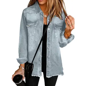 Genleck Denim Jacket Women's Oversized Denim Shacket – Frayed Hem, Lightweight Premium Cotton Blend, Layering Piece