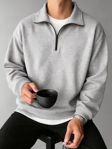 Men's Solid Color Half-Zip Sports Sweatshirt, Casual Sweatshirts, Athleisure Street Fit, Casual Fleece Lined Pullover, Fall & Winter Thick Knit Top, Letter Pattern Design