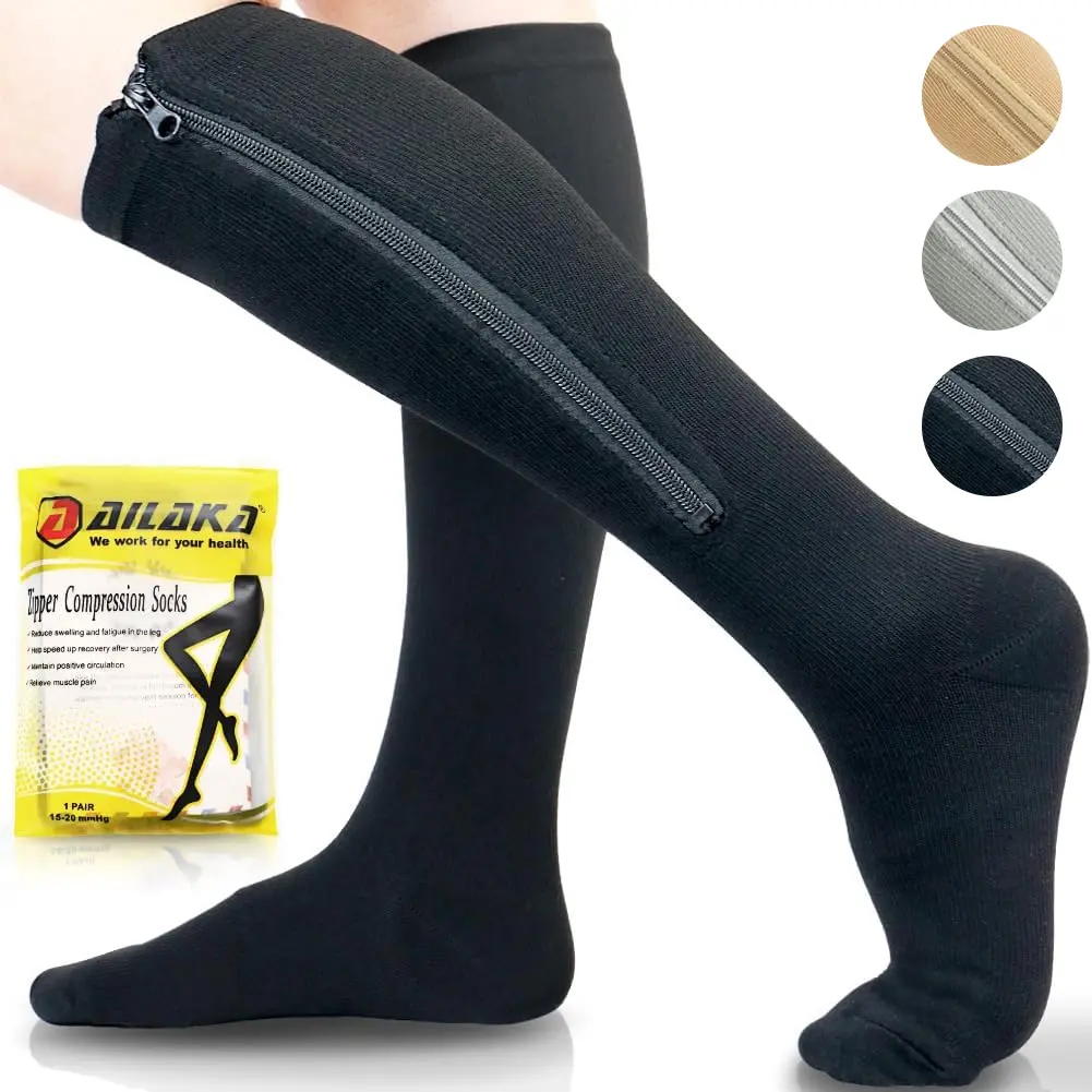 AILAKA Unisex Compression Socks with Zipper, 15-20 mmHg Open Toe Nylon Blend for Adults, Solid Plain Sports Fit for Everyday Use, Sports Fit Socks, Compression Stockings, All Seasons, Sports Athletic Socks, Male