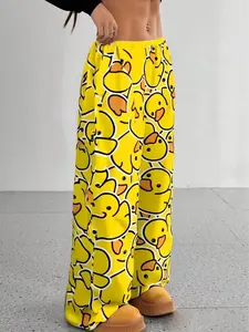 Men's cartoon duck print home pants, casual and comfortable round set pajama pants, summer sleepwear for men and women