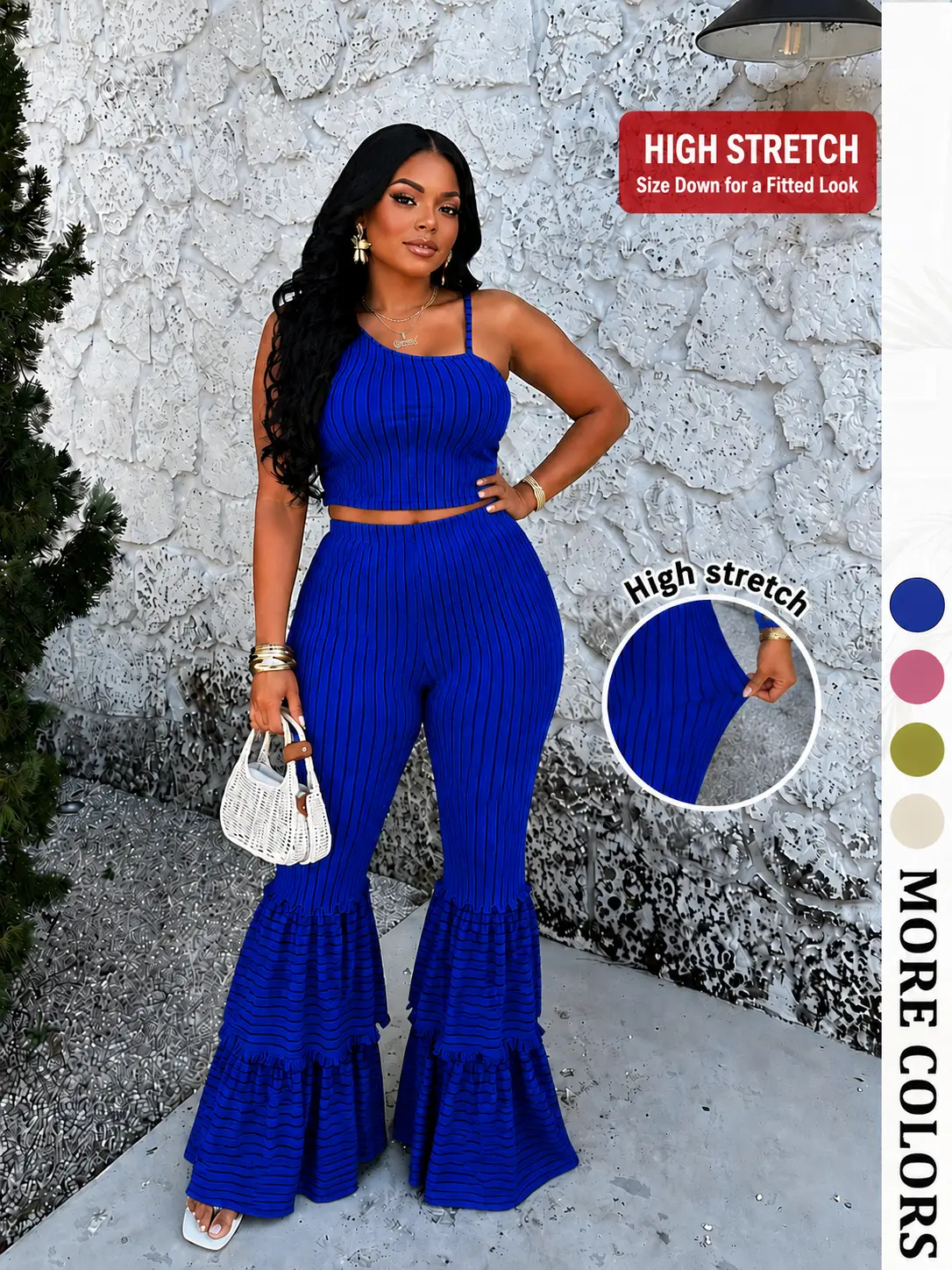 Women's 2-Piece Striped Coordinates Set - Chic, Lightweight, Basic, Comfortable Sleeveless Cropped Top with High-Waisted Double-Layer Ruffle Flare Pants for Summer Vacation, Going Out, Short, Women's 2 Piece Set, Matching, Casual, 2 Piece Sets