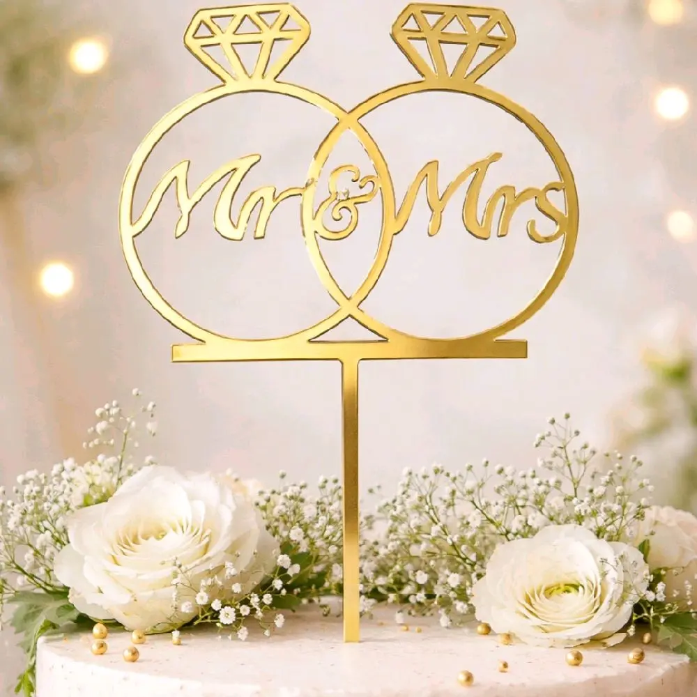Mr&Mrs Gold Ring Cake Topper, 4x6 in Baking Decor, Elegant Wedding Cake Decorating Supplies, Premium Gold Celebration Accent
