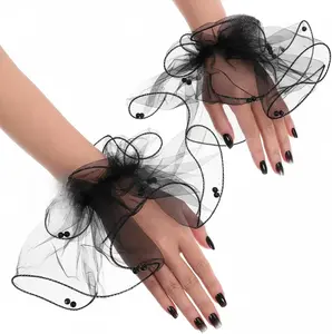 Tulle Wrist Cuff Lace Cuffs for Wrists Ruffle Wrist Cuffs Black Lace Cuff for Wrists for Party Bride Wedding Cosplay Accessories Decoration (Black)