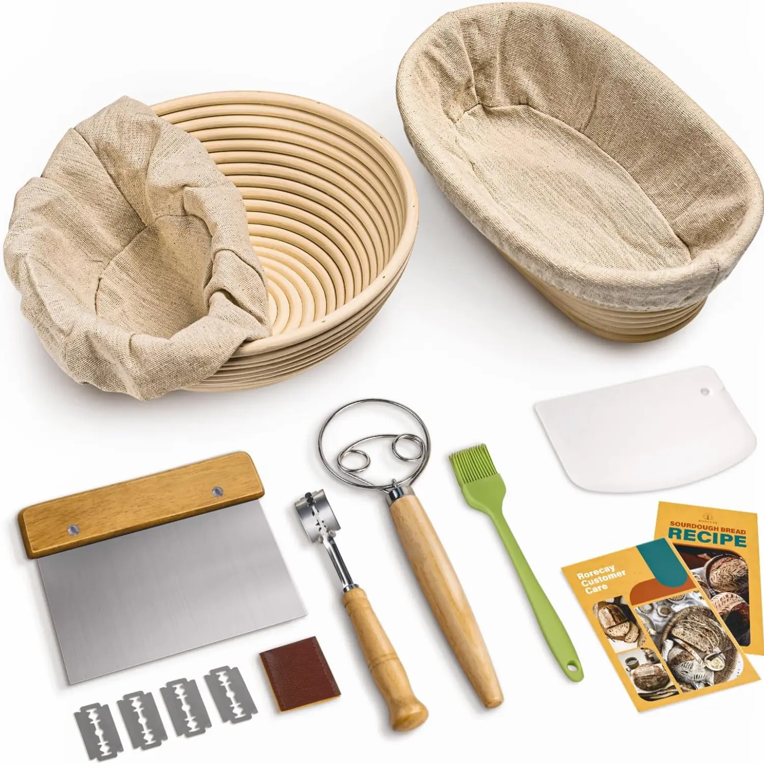Natural Indonesian Rattan Sourdough Bread Banneton Proofing Basket Set for Beginner Bakers - 9in Round & 10in Oval Bakeware with Smooth Surface, Washable Linen Liner, Dough Whisk, Lame, Scrapers, Silicone Brush for Home Bread Baking, Handcrafted, Round &,
