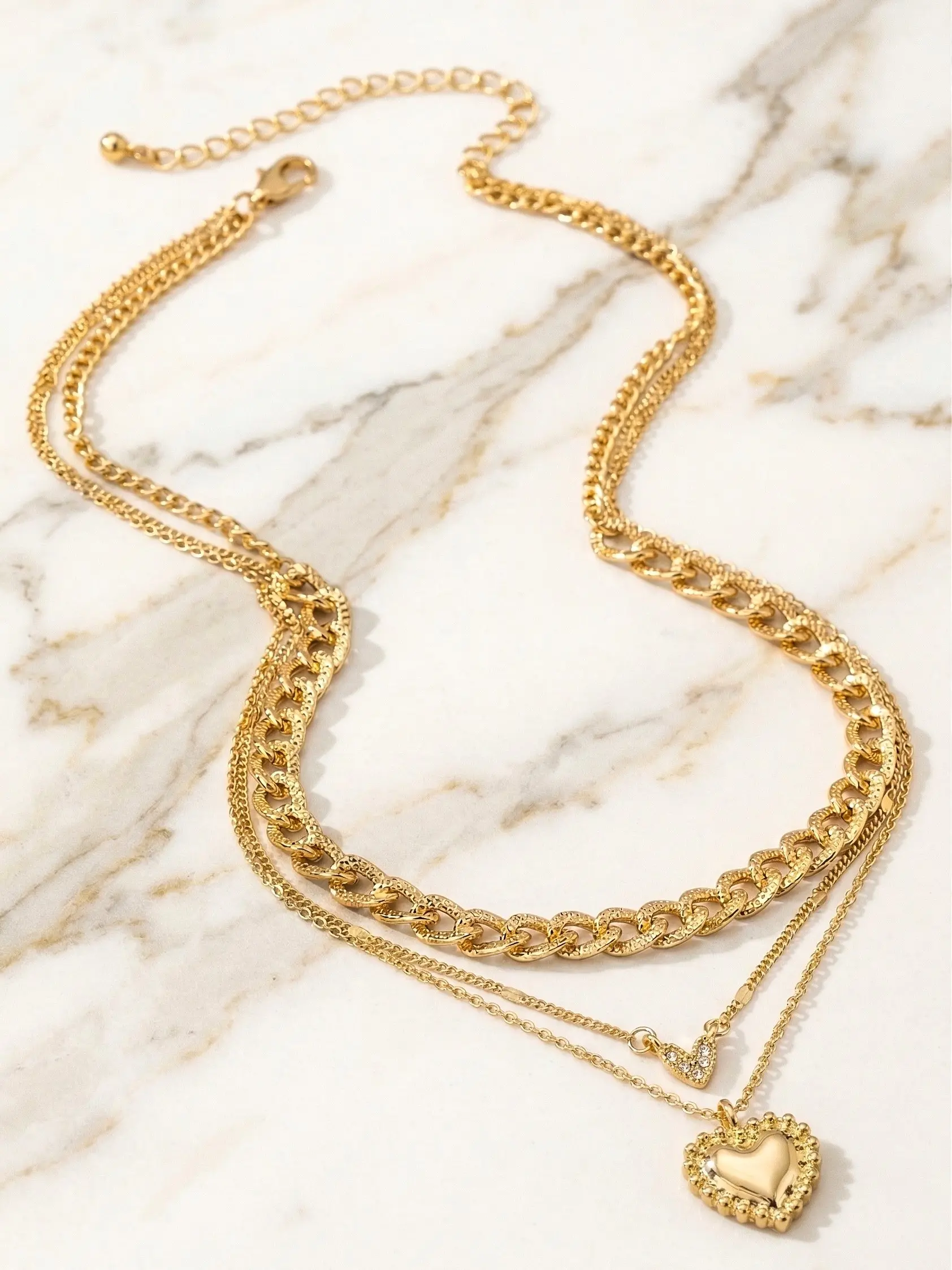 Women's Necklace Set, 3-Piece Layered Alloy Jewelry with Bold Links, Stackable Statement Pieces for Fashion Jewelry Trends, Textured Chains, Rhinestones, Heart Charm, 3-Pieces, Alloy Chain