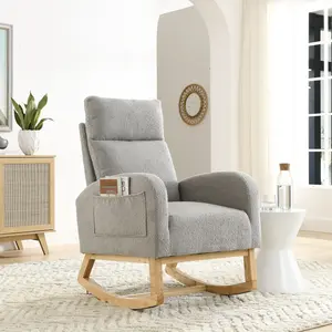 Nursery Rocking Chair with Solid Wood Legs, Glider Chair for Nursery with Two Side Pockets, Rocker Armchair for Living Room Bedroom (Grey, Teddy Fabric)