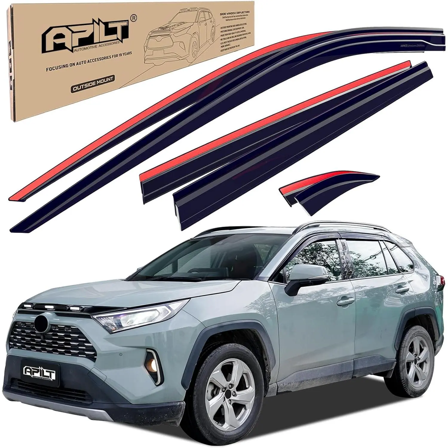 6-Piece Set Outside-Mount Rain Side Window Deflectors & Visors for 2019-2025 Toyota RAV4, Thick 0.16" ABS Plastic Wind Vent Guards, Sun Protection, Waterproof Step Design, No Deformation, No Yellowing Dark Smoke Car Exterior Accessories, Rain Guard, No To