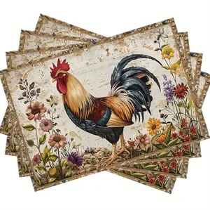 4/6-piece farmhouse rooster placemat set, rustic chicken imitation placemat, farm-style heat-resistant placemat, country-style vintage floral tablecloth, suitable for kitchen and indoor dining room.