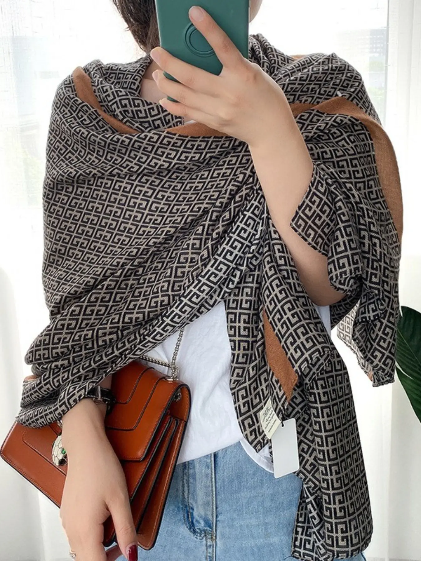 Women's Elegant Geometric Pattern Scarf, Boho Style Scarf, Soft Printed Geometry Design Shawl, Fashion Shawl, Spring Summer Beach Towel Sheer Scarf, All Seasons