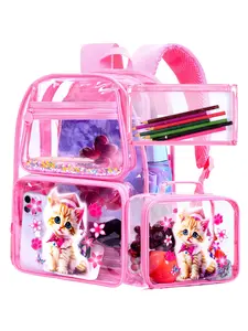 Kids Clear Backpack for Girls, 3PCS Transparent Bookbag Set, Cute See Through School Bag for Elementary Prechool Toddler - Pink Cat