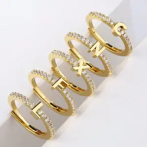 18K Gold Plated CZ Initial Letter Open Ring, Adjustable Stackable Monogram Ring
