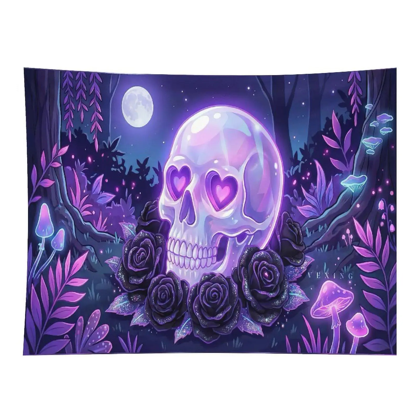 Purple Skull Rose Tapestry Gothic Forest Wall Hanging, Heart Eye Skull Mushroom Tapestry for Bedroom Dorm Decor