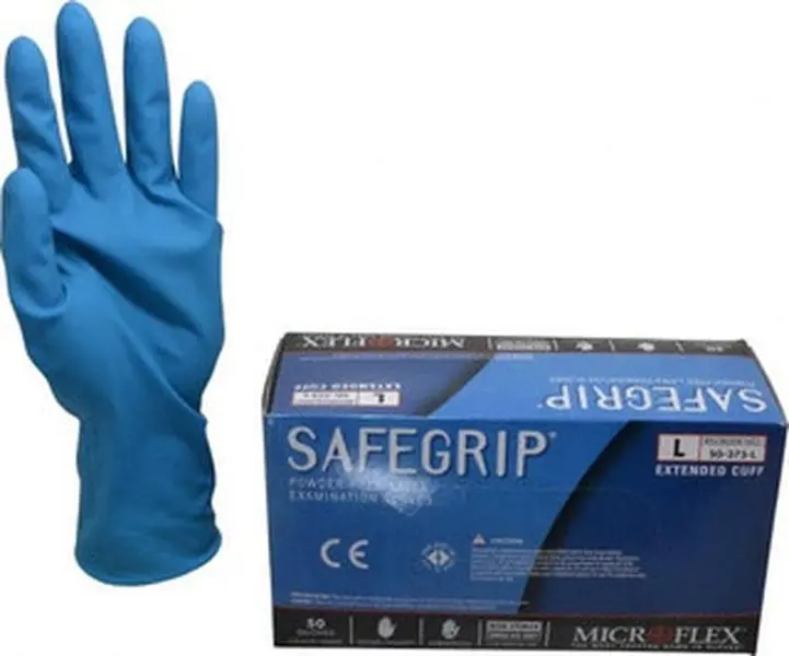 Microflex SG-375-L Disposable Medical Grade Latex Gloves, Size L, 11 mil, 12" Long Blue, Powder-Free, Non-Slip Textured Grip, Beaded Rolled Cuffs, Ambidextrous Work Safety Gear