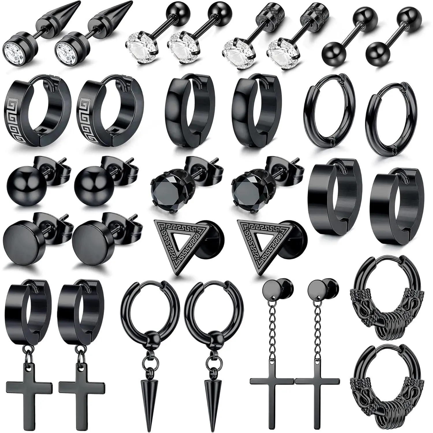 MILACOLATO 16 Pairs Black Earrings, Gothic Earrings Hip Hop Vampire Halloween Party,Y2K Punk Earrings,Cross Dangle Hoop Earrings Stud Set, Stainless Steel Hypoallergenic Earring For Men Women Unisex, Drop Earrings