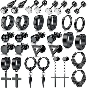MILACOLATO 16 Pairs Black Earrings, Gothic Earrings Hip Hop Vampire Halloween Party,Y2K Punk Earrings,Cross Dangle Hoop Earrings Stud Set, Stainless Steel Hypoallergenic Earring For Men Women Unisex, Drop Earrings summerwins