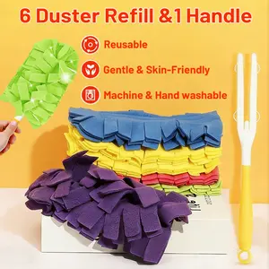 Duster Refills for Swiffer, Microfiber Dusters, Fleece Duster, 6 Duster Refill and Handle, Reusable Heavy Duty Cloths, Washable Hand Dusters Pads, Reusable Washable Pads for Dust Removal on Fans, Blinds, Ceilings and All Surfaces