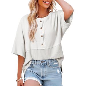 Dokotoo Womens Waffle Knit Tops 2026 Fashion 3/4 Sleeve Casual Button Down Shirts Crew Neck Oversized Patchwork Blouses