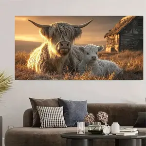 1PC 2D Flat Modern Scottish Highland Cow Family Sunset Wall Art, Aesthetic Wall Decor - Realistic Farmhouse Style Decorative Painting, Vintage Prints, Frameless Large Canvas, Suitable for Home Decoration