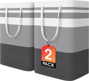 2 Pack Large Laundry Baskets, Waterproof, Collapsible Clothes  with Reinforced Handles in Laundry Room, College Dorm, Bathroom, Bedroom (Grey, 75Lx2)