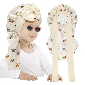 L-HDW0107 Long Toddler Silk Bonnet for Sleeping Elastic Satin Bonnets for Curly Hair Braid Night Cap for Aged 3-12 Kids (Butterfly+Beige)