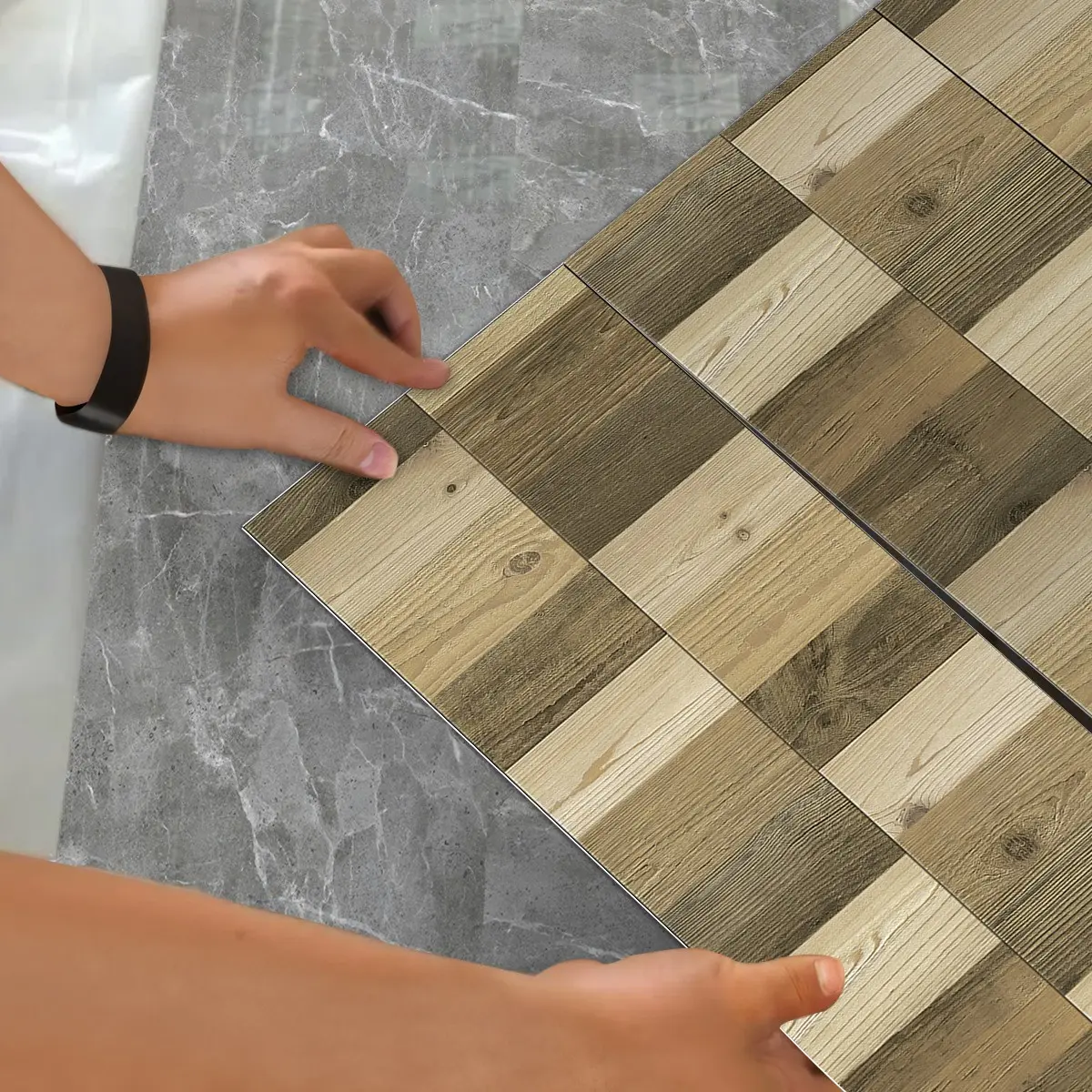 PVC Wood Optics Square Floor Tiles Two-Color Self-Adhesive Waterproof Vinyl Flooring for Kitchen Bathroom Living Room Wall