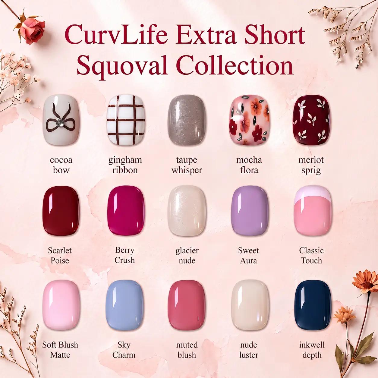 CurvLife Extra Short Squoval Press-On Nails Collection | 30PCS | Natural Nude & Pink Tones, Simple Cute, Soft Petal & Floral Styles, Glossy Jelly Finish | Summervibes | Non-Toxic Reusable Nails, Easy Application, Everyday Minimal Look for Daily Wear