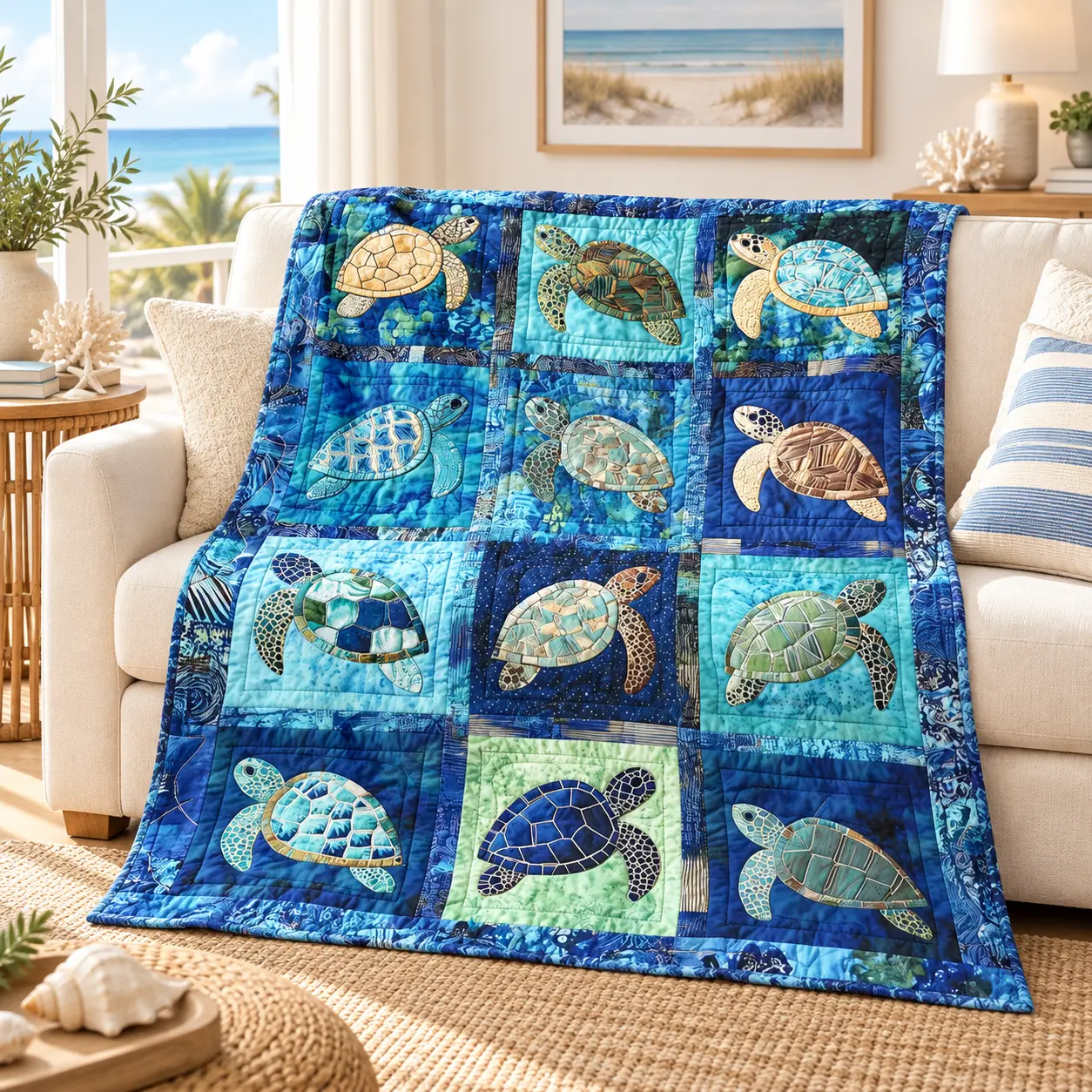 Marine Life Sea Turtle Quilted Throw Blanket, Coastal Patchwork Multi-Size Blanket with Ocean Turtle Pattern, Soft Lightweight Bedding for Couch-Sofa Bedroom Decor, Beach Lover Gift