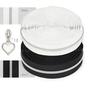 450cm Nylon Zipper with 10 Heart-Shaped Pulls, Silver Color Teeth, and Options, Ideal for Clothing Bags Home Textiles Handmade Items