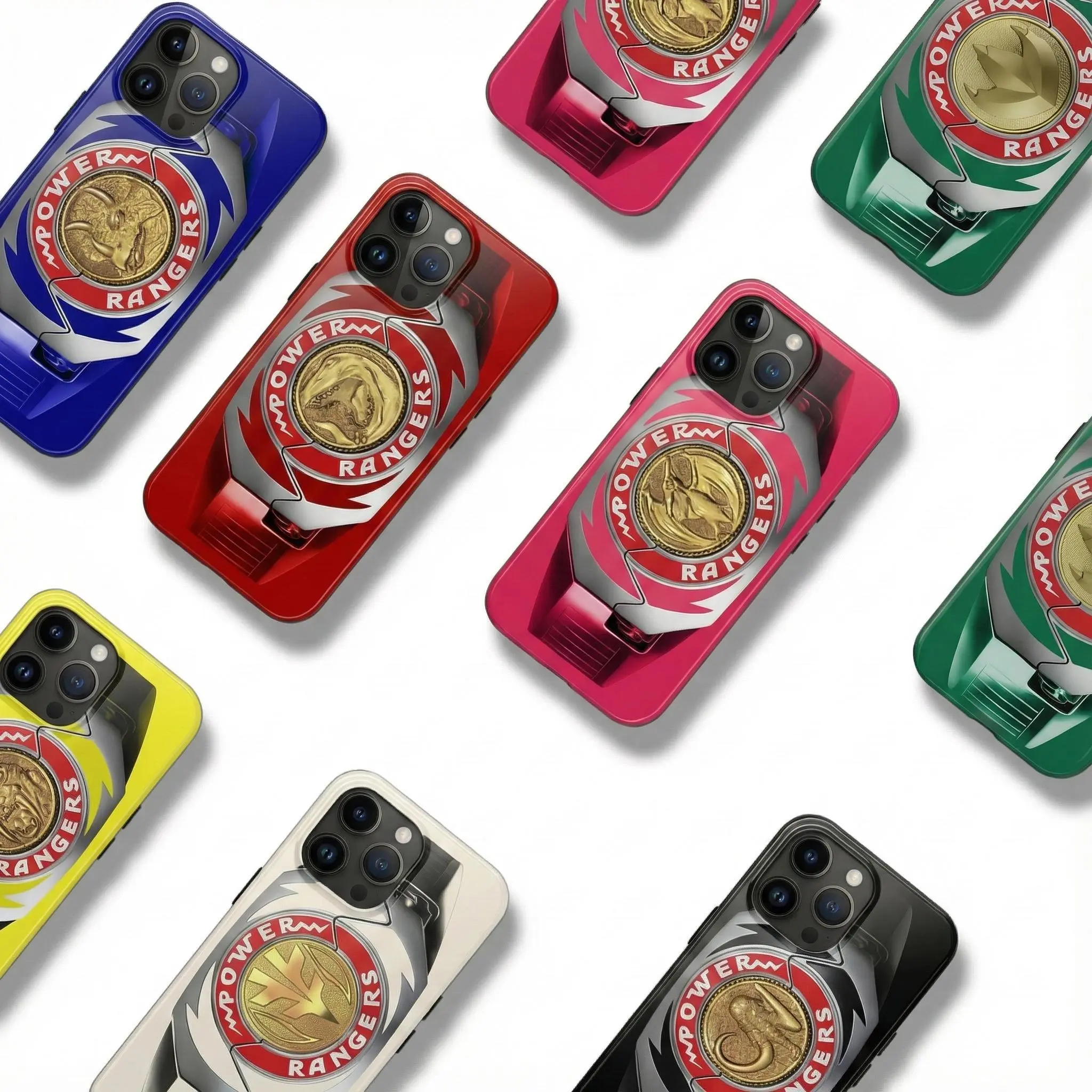 Retro Colorful Power Morpher Phone Case with Iconic All Rangers Dino Coin Design–iPhone Case Suitable for iPhone 17/16/15/14/13/12/11 Pro Max/Plus and Samsung Galaxy S23FE/22/23/24/25