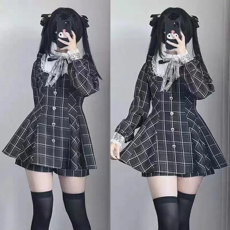 Jirai Kei Black Long Sleeve Lace Bow Ryousan Dress Y2K Aesthetic Women Sweet Kawaii Dark Gothic Lolita Y2K Skirt Japanese Style