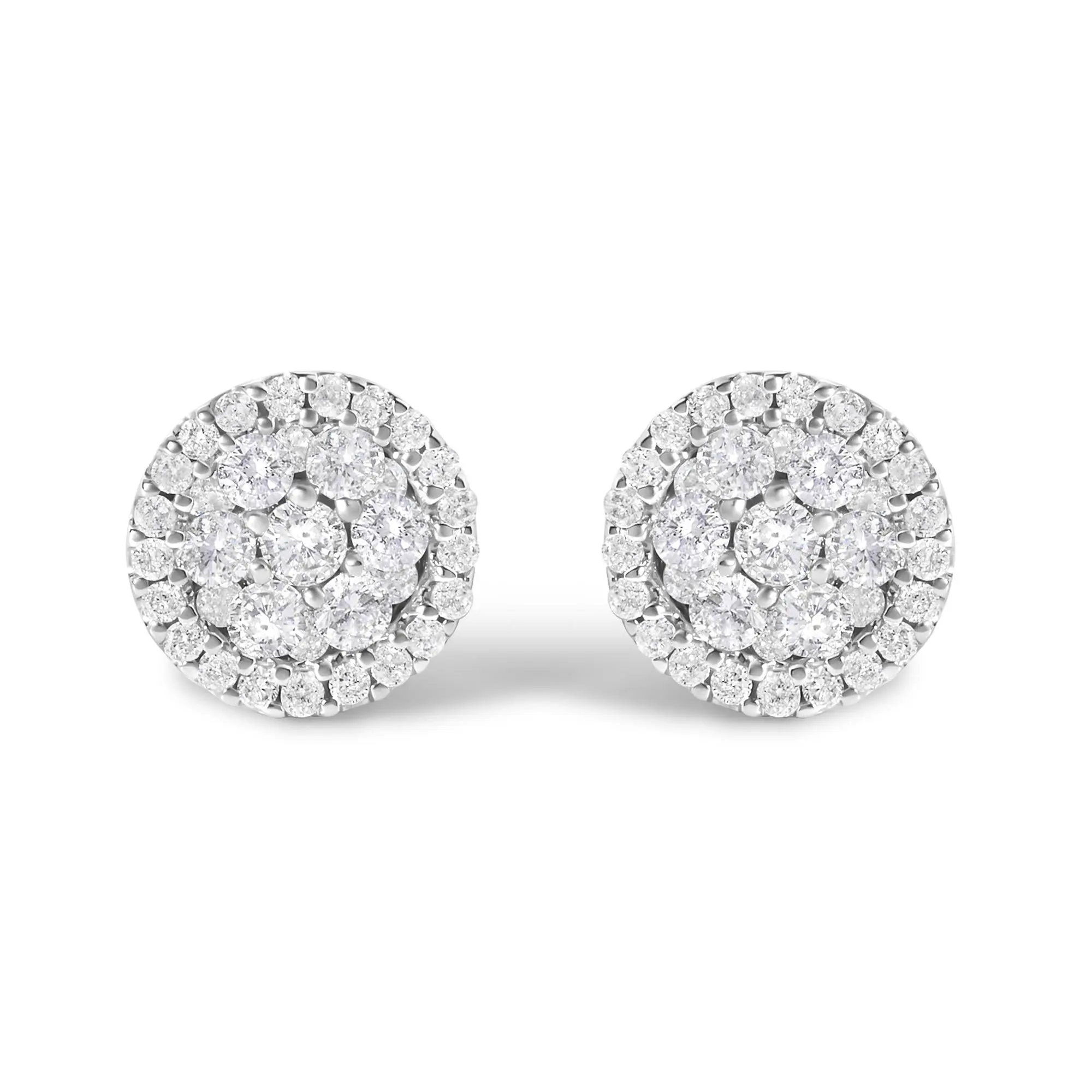 AGS Certified 14K White Gold 1.0 Cttw Brilliant-Cut Diamond Halo-Style Cluster Round Button Stud Earrings (G-H Color, I1-I2 Clarity)