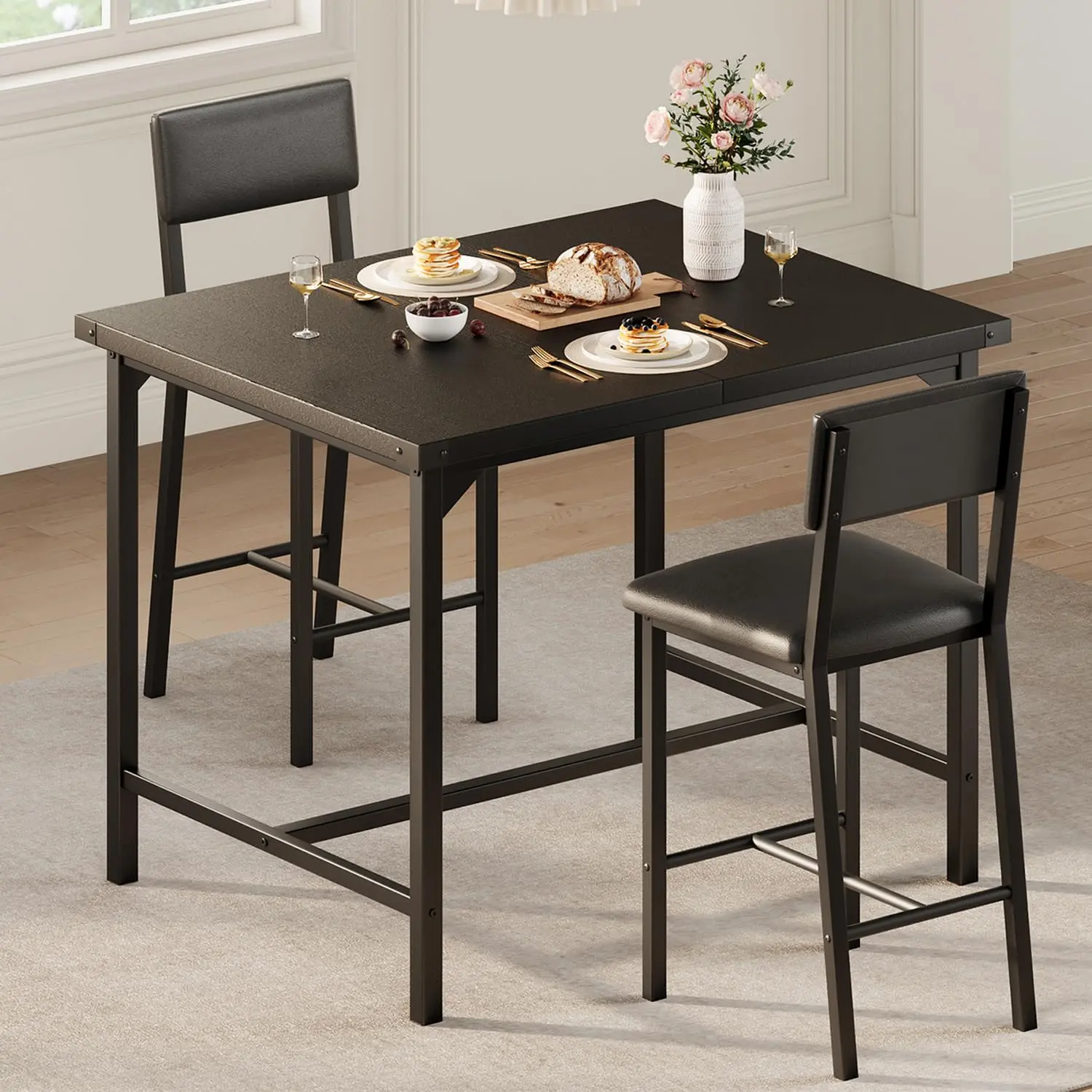 Garvee Sturdy Rectangular 3-Piece Iron Wood Grain Counter Height Dining Table Set (35.63x29.53x35.63 in, 44.6 lbs) - Stable, with Footrest, Corner Protector, 2 Ergonomic PU Leather Upholstered Bar Stools, Rustic Black Finish for Dining Room, Apartment