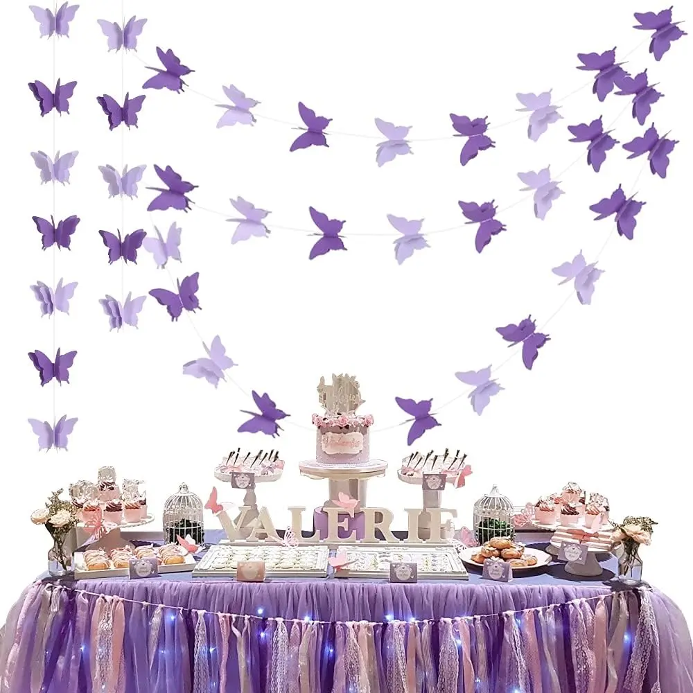 Purple Lavender Butterflies Paper Garland Ornaments Set - 5Pcs, 10M/33Ft Total Length, 3D Effect Fairy Tale Hanging Decor Banner, Backdrop Wall Mount Home Ceiling Supplies for Halloween, Birthday Parties