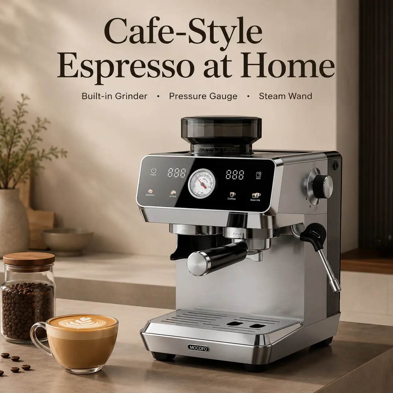 【Summerfinds】Smart Semi-Automatic Espresso Machine Grind and Brew Coffee Maker, 20 Bar Pump Compact Model with Touch & Visual Pressure Gauge, Stainless Steel Pop Plus Milk Frother Wand, Reusable Puck Filter, 120V Plug, Smart Espresso Maker