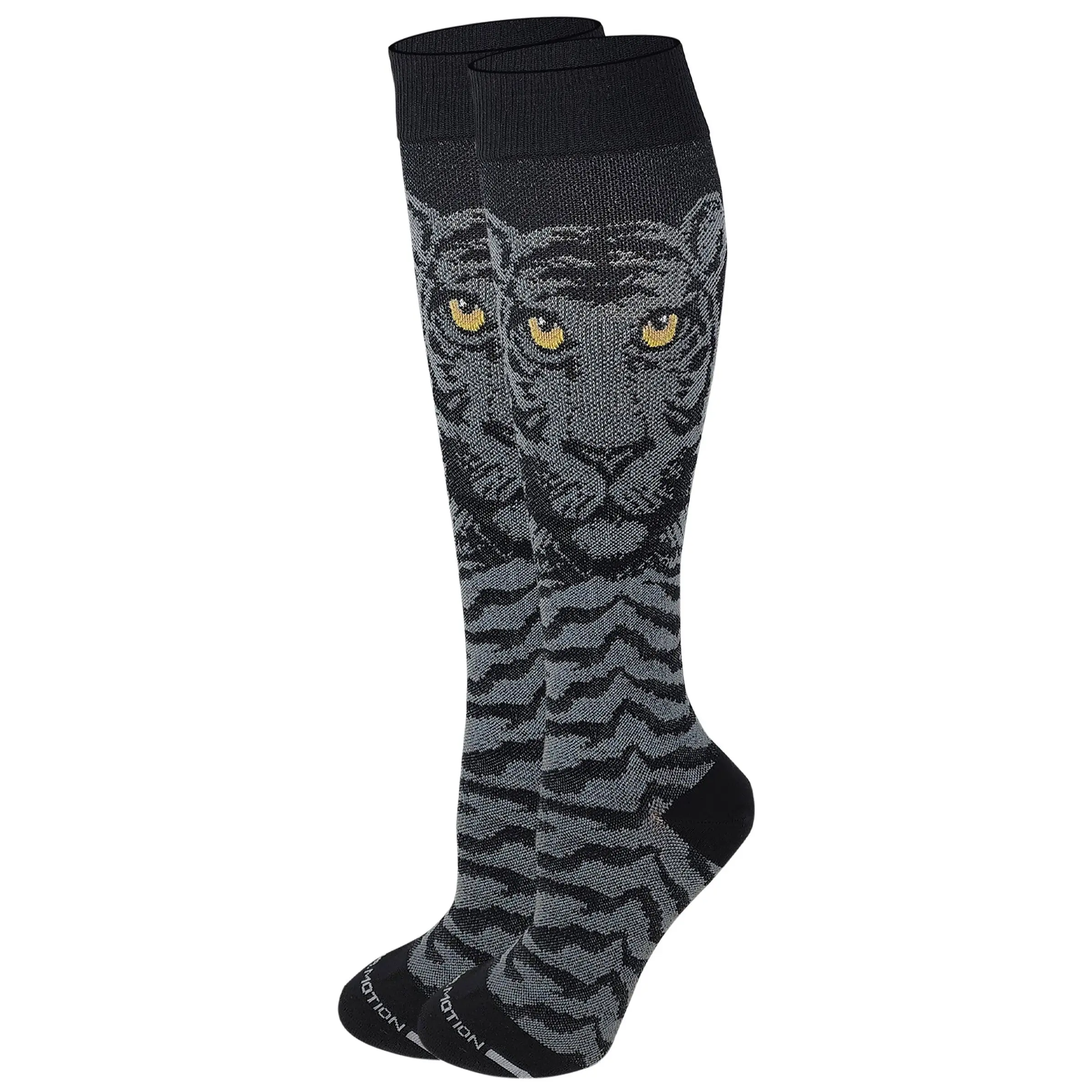 Women's Compression Socks, Black/Grey Tiger Face Knee High Style, Nylon Elastane Blend with 8-15 mmHg Support to Maximize Circulation