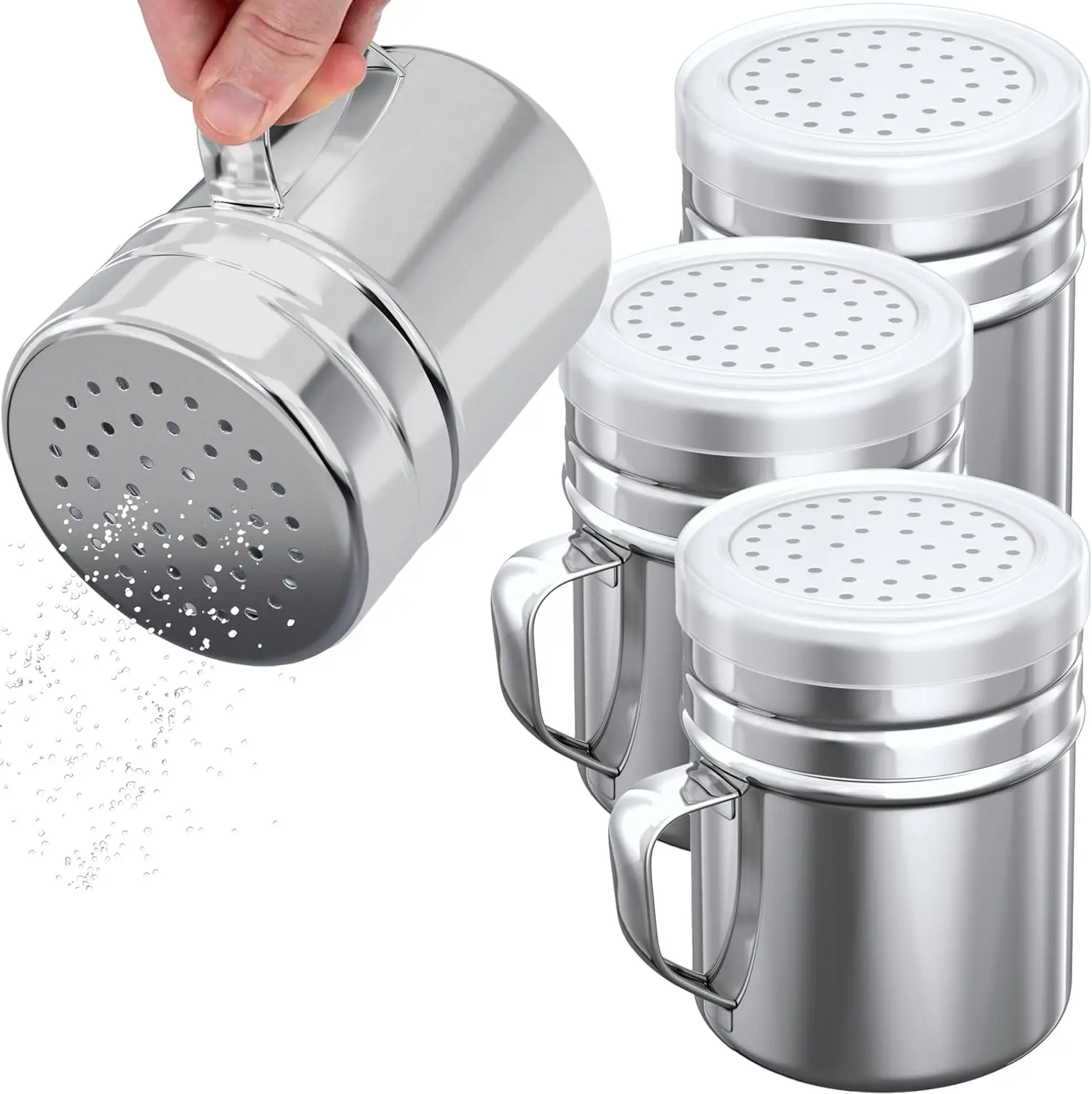 4PCS 10oz Stainless Steel Salt Pepper Dredge Shakers With Handle and Plastic Cap, Seasonings Spice Shakers
