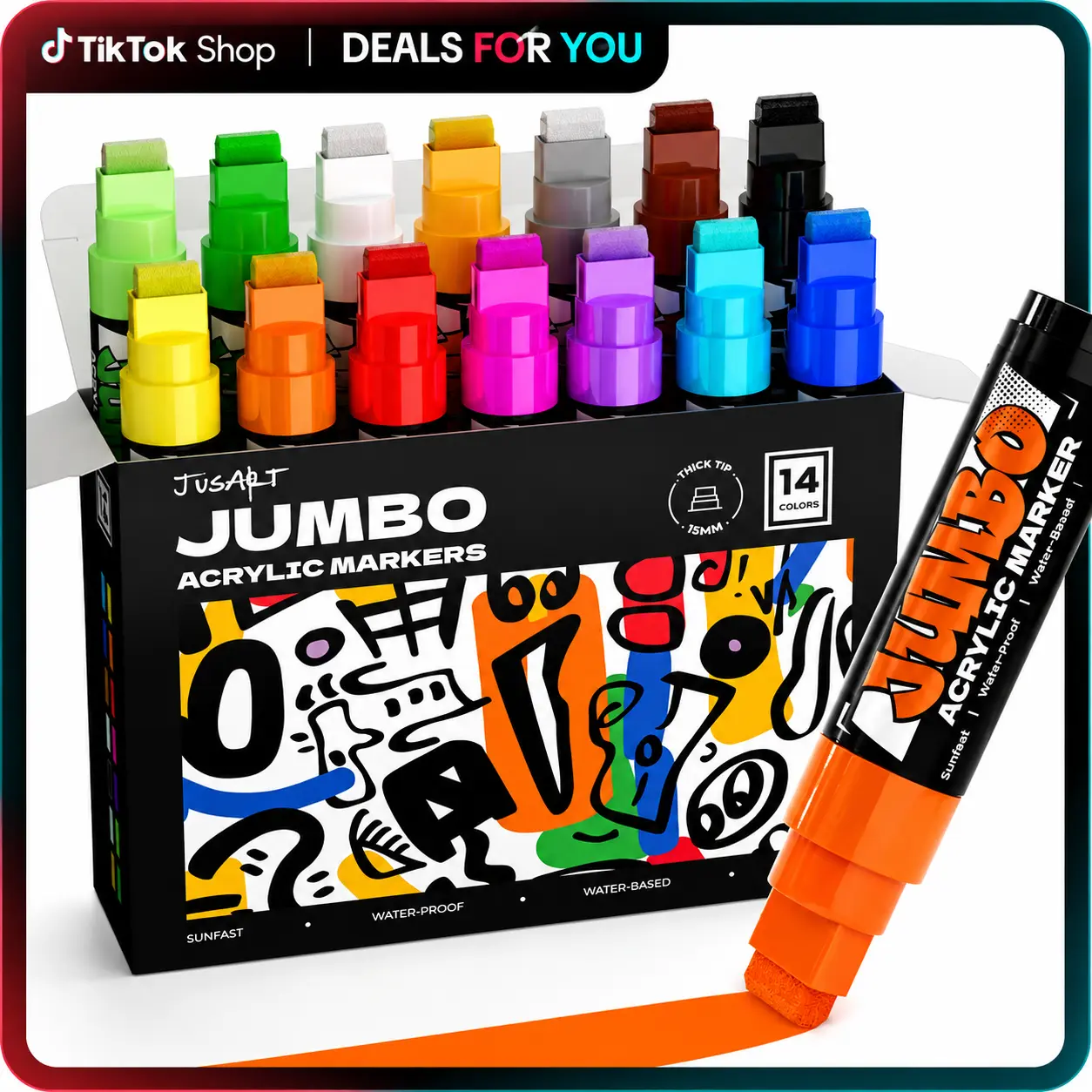 【Back to school shopping】JusArt 14 Colors Jumbo Markers for Posters, 15mm Wide Tip, Thick Acrylic Paint Markers for Rock, Fabric, Window, Metal, Wood, Wall