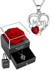 Heart-shaped zircon pendant necklace with eternal rose gift box, women's Mother's Day necklace, anniversary gift for women, birthday gift for wife, daily gift for women, women's jewelry necklace, Heart Design Necklace