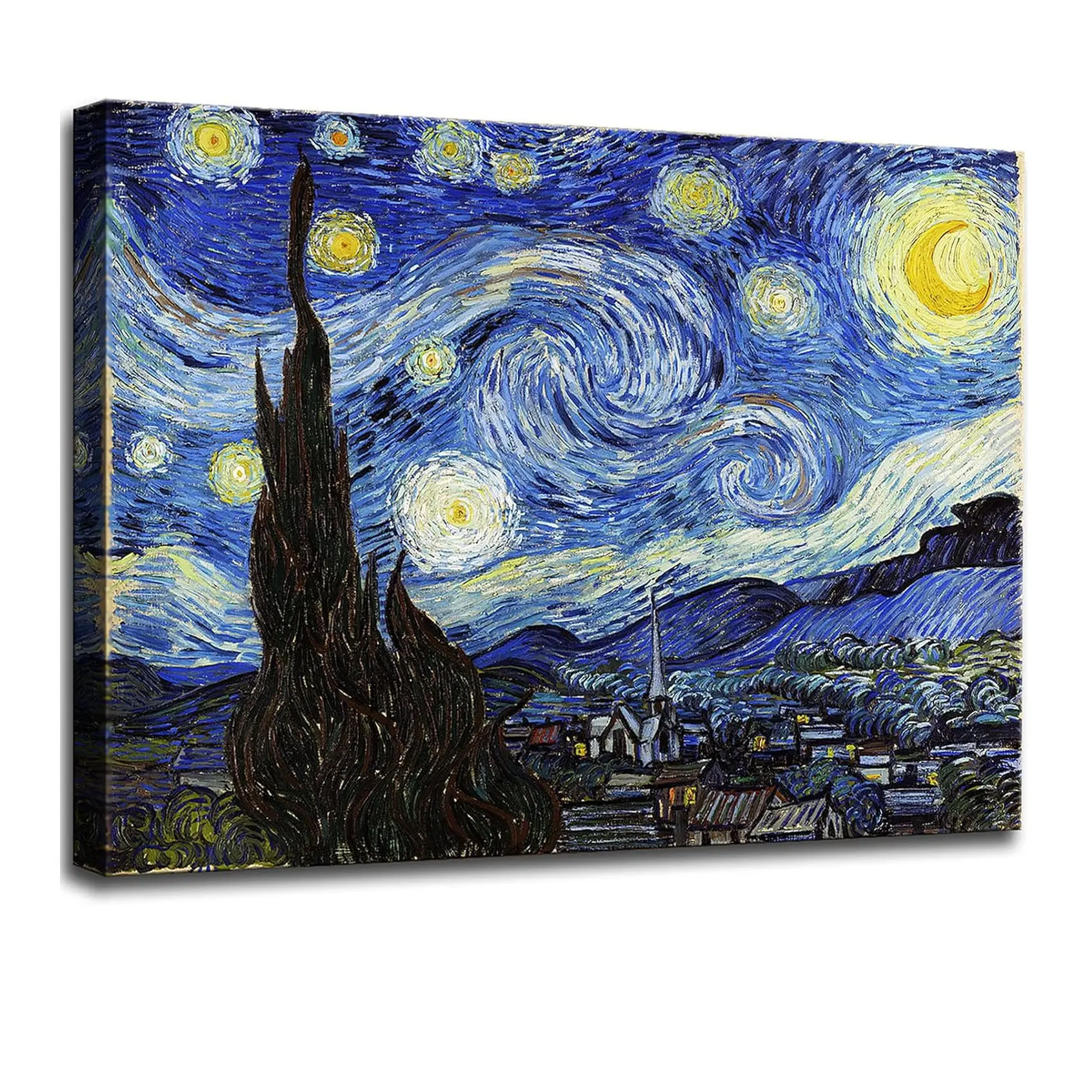 Vincent Van Gogh Starry Night Framed Polycotton Canvas Wall Art Print - Handmade Photo-Wrapped, Pine Wood Frame, Glossy Hand-Stretched, UV-Protected Abstract Art for Home Decor (Retro Aesthetic Ornament), High Gloss