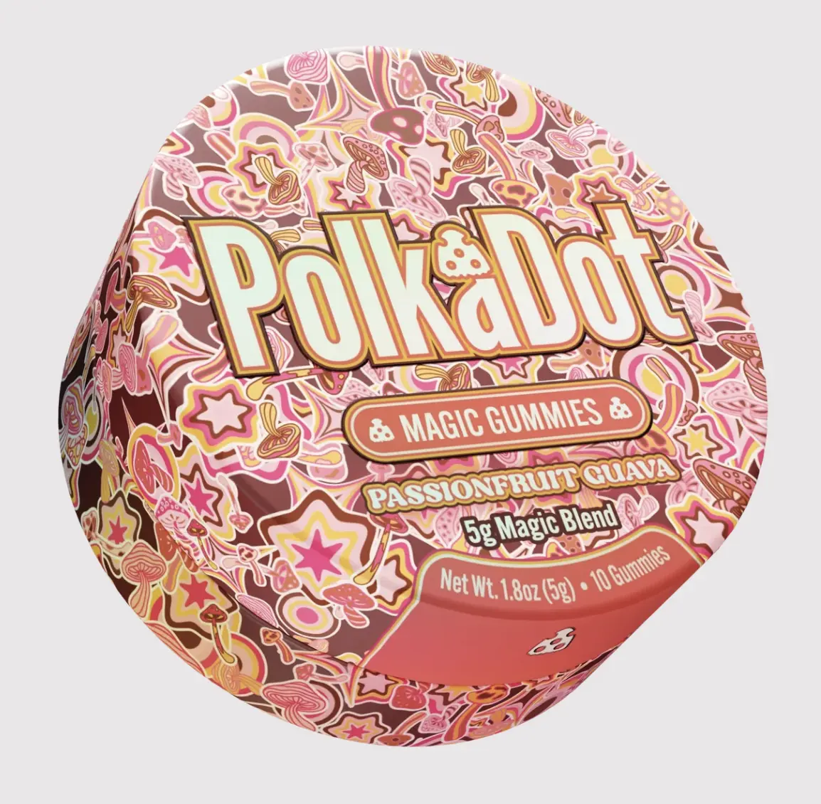 Polkadot Passion Fruit Guava Gummies, 10 Count, High Potency Plant-Based Mushroom Gummies, Soft Chewy Gummies, 100% Organic Ingredients, High-Quality Formula, Freshness-Sealed, Secure Reusable Metal Tin, Travel-Friendly Packaging, Proudly Made in USA