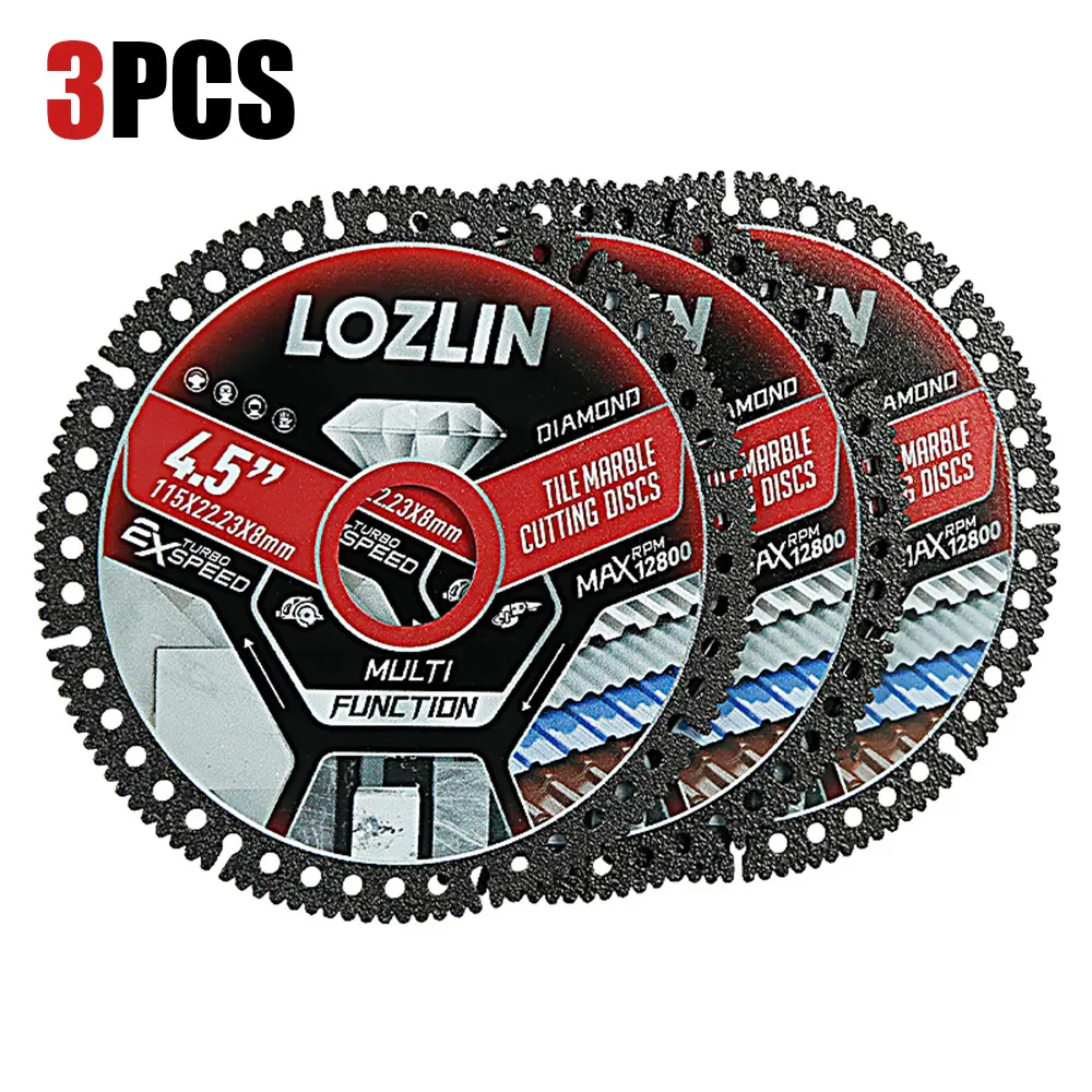LOZLIN 3PCS 4.5" Multi-functional Diamond Tile Cutting Blades - Ultra-Thin Dry Cutting Abrasive Discs for Marble, Tile, Ceramic - Angle Grinder Saw Blades for Outdoor Use, Abrasive Disc