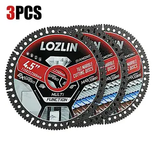 LOZLIN 3PCS 4.5" Multi-functional Diamond Tile Cutting Blades - Ultra-Thin Dry Cutting Dics for Marble, Tile, Ceramic, Metal  - Angle Grinder Saw Blades