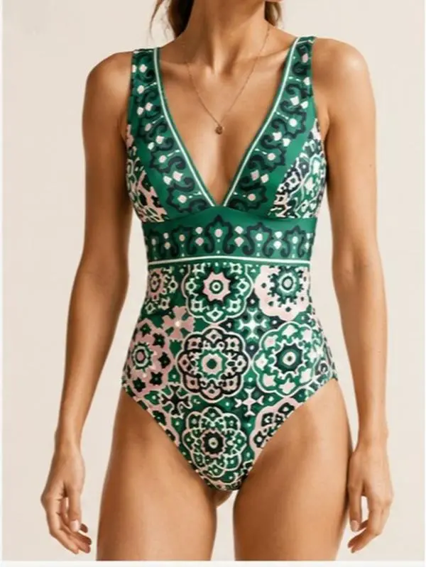 【EasDoing】Women's Vintage Mandala Print 1-Piece Swimsuit - Deep V, Wide Strap, Tummy Control, Slim Fit Bathing Suit for Beach Vacation clearance sale swimweek