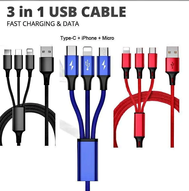 [2-Packs] 3-in-1 High-Speed USB Charging Cable, Universal Plug for Mobile Phones, Smartphones, Lightning & Micro USB Electronic Devices, Smartphone