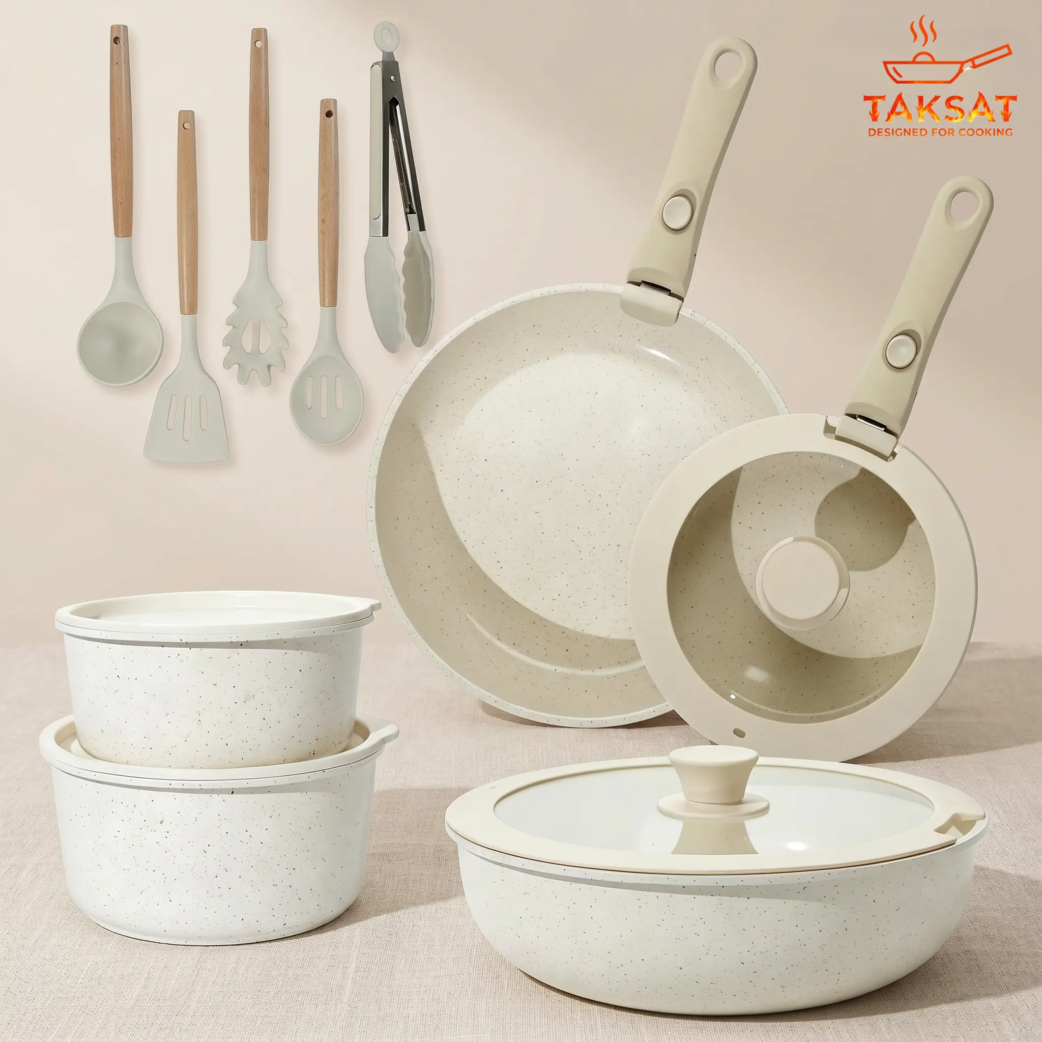 19pcs Non-Stick Kitchen Cookware Set with Detachable Handle - Oven Safe, Versatile Pans & Woks, Camping Dishes, 20-piece set, Kitchen Supplies, Meal Prep Essentials